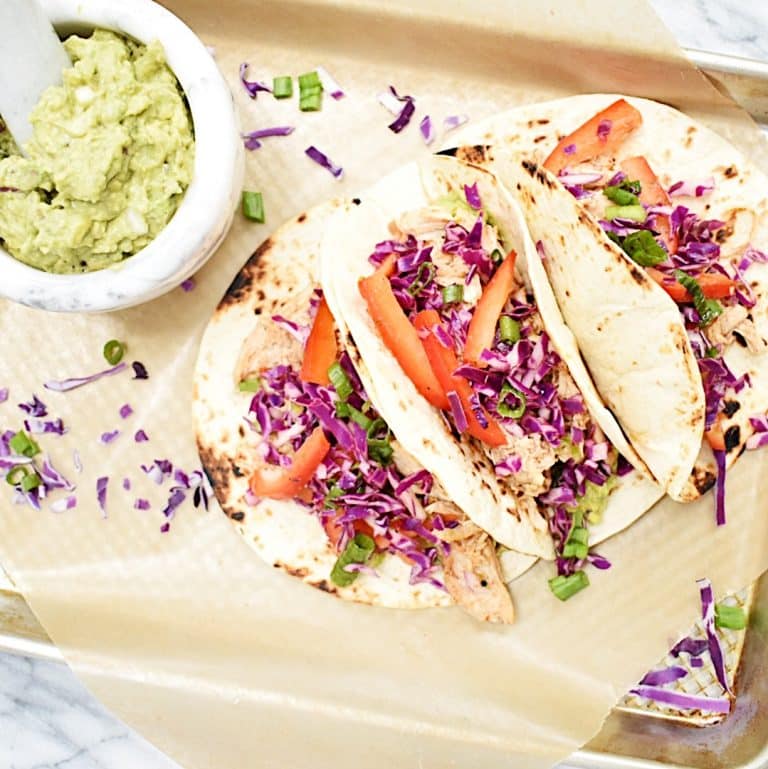Smoky Chicken Tacos with Citrus Slaw and Creamy Guacamole (Slow Cooker)