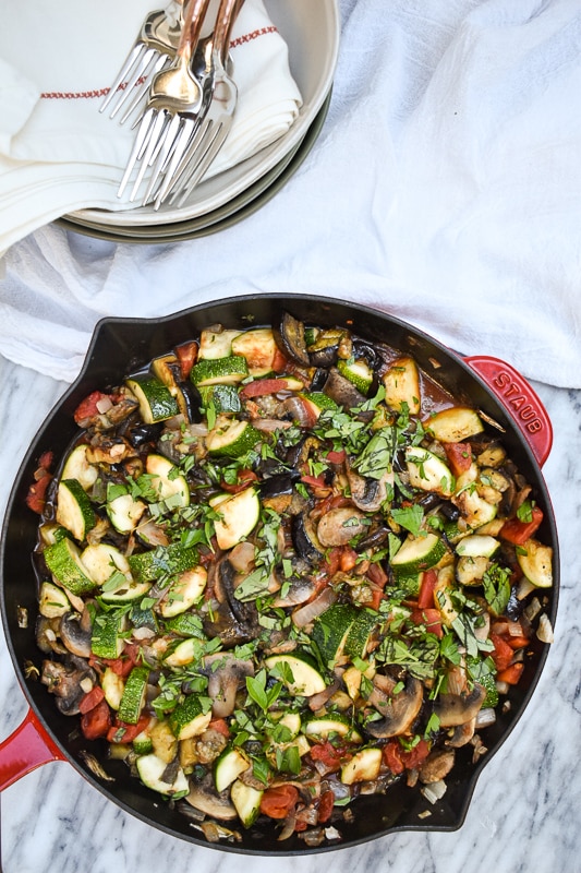This ratatouille celebrates all there is to love about summer produce. Lightly grilled, then sautéed and topped with fresh garden herbs, it’s light and filled with flavor.