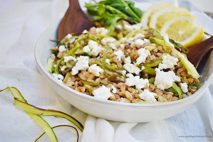 Just a few ingredients pack a ton of flavor into this side salad. Nutty farro paired with crunchy asparagus, and creamy feta tossed with a bright lemony dressing and fresh mint create a light, yet filling side ready complement all things grilled or BBQ this summer.