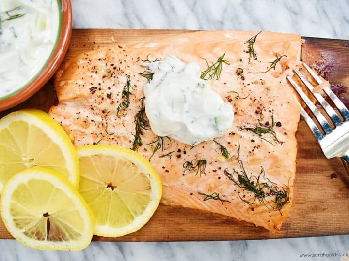 Cedar Plank Grilled Salmon With Yogurt Sauce Sarah Gold Nutrition