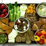 overhead shot of mediterranean mezze platter on sheetpan