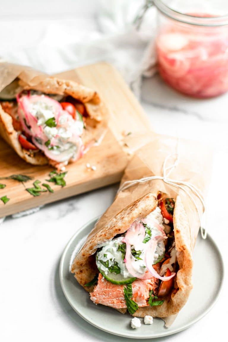 Greek Style Salmon Gyros with Tzatziki and Quick Pickled Onions