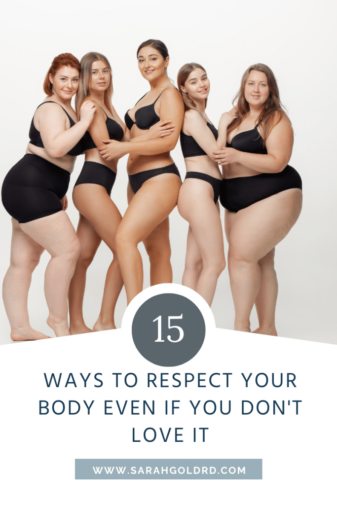 image with 5 women in different sized bodies all in black underwear with the words 15 ways to respect your body even if you don't love it