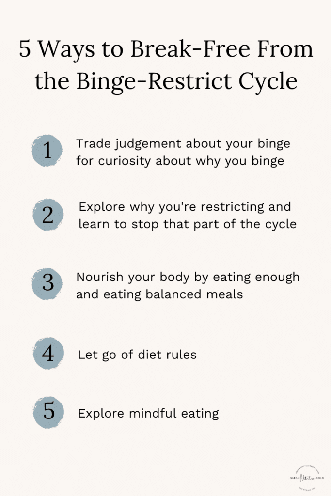 infographic on pink background with list of the 5 ways to get out of the binge restrict cycle