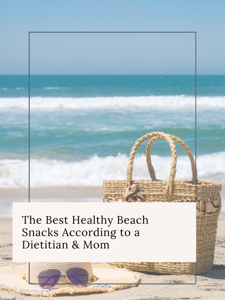beach and beach bag with name of blog on overlay