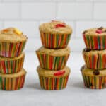 3 stacks of 3 oat flour muffins with different flavors