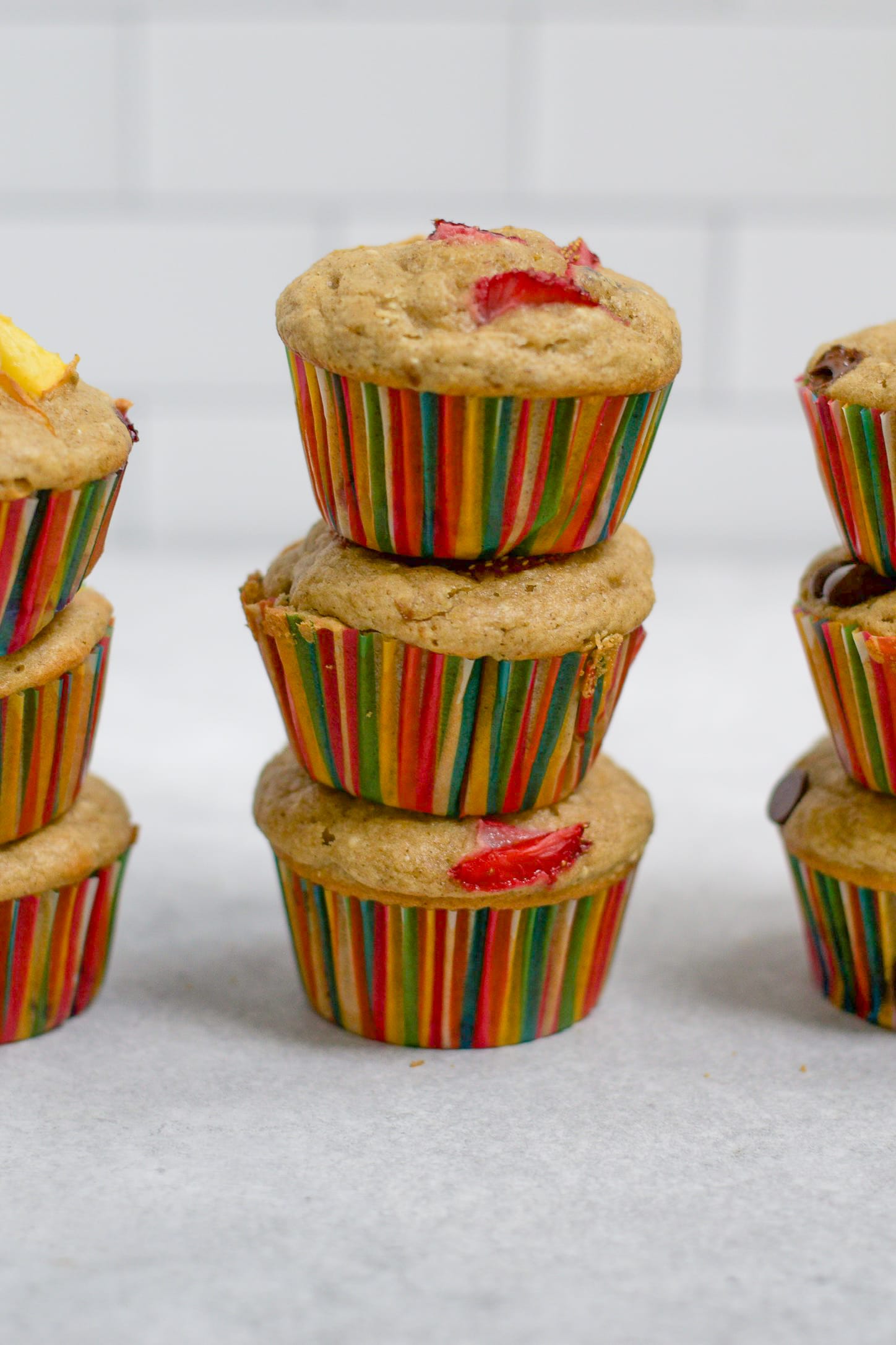 stack of 3 strawberry oat flour muffins